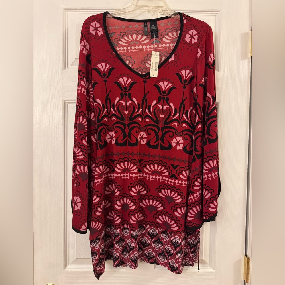 Bisou Michele Bohbot Woman’s Print Dress Size Medium Cut Out Detail Bell Sleeves